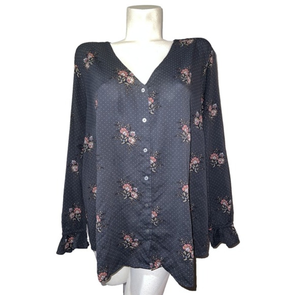 Loft Plus Top Women's Plus Size 24 Gray Pink Floral Button Long Sleeve Tunic